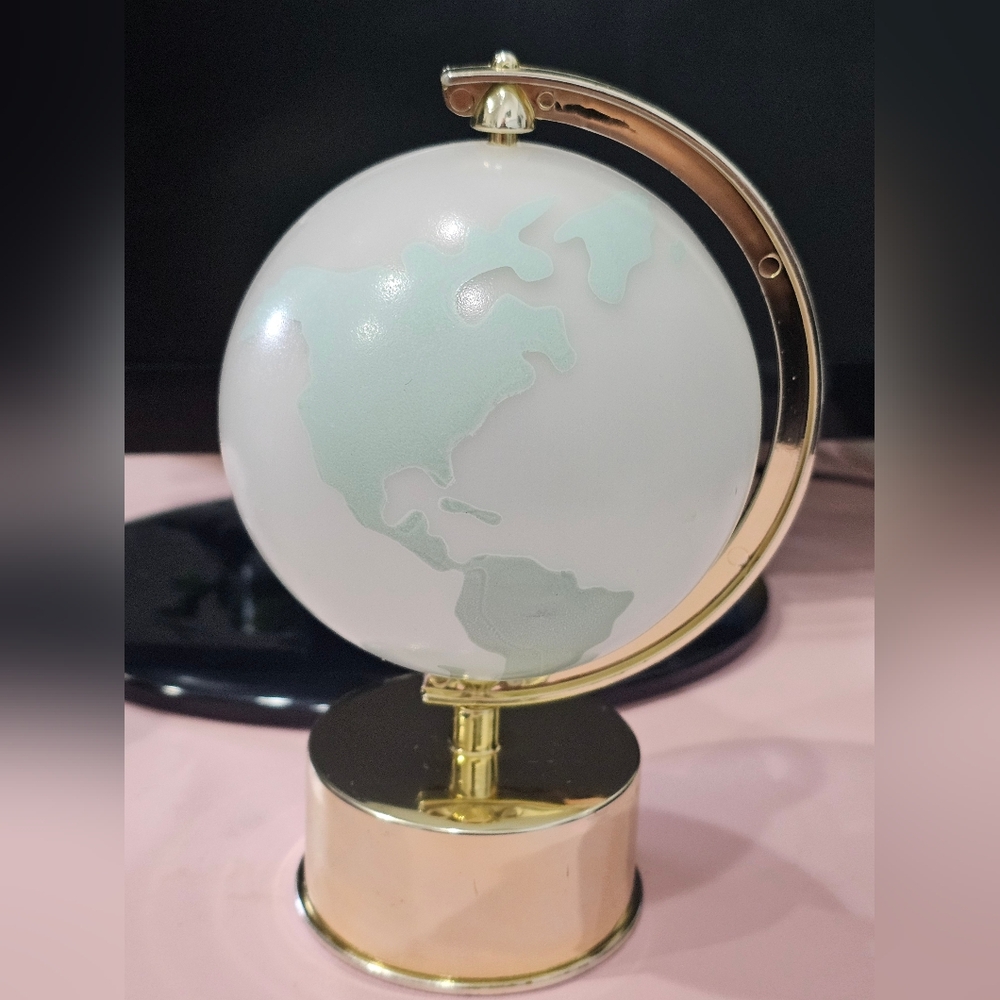 Plastic White, Light Green and Gold Decorative Rotating Globe Decor